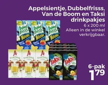 Aanbieding: Appelsientje, Dubbelfrisss, Van de Boom en Taksi drinkpakjes