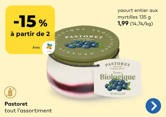 Offre: Pastoret yaourt entier aux myrtilles