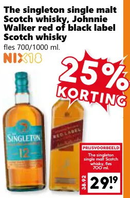 Aanbieding: Single malt Scotch whisky, Johnnie Walker red of black label Scotch whisky