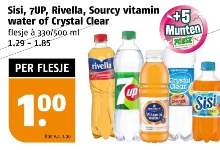 Aanbieding: Sisi, 7UP, Rivella, Sourcy vitamin water of Crystal Clear