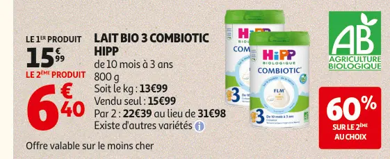 Offre: Lait bio 3 combiotic
