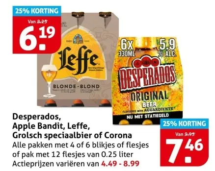 Aanbieding: Desperados, Apple Bandit, Leffe, Grolsch speciaalbier of Corona