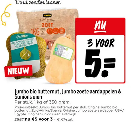 Promotie: Jumbo bio butternut, Jumbo zoete aardappelen & Sunions uien