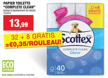 Offre: Scottex Complete Clean Décor papier toilette 32+8 gratuits