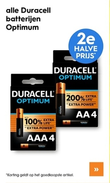 Aanbieding: alle Duracell batterijen Optimum 2e HALVE PRIJS