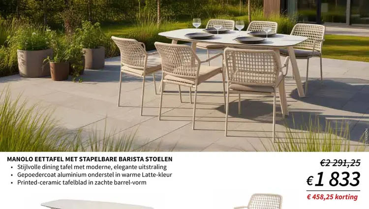 Promotie: Manolo eettafel met stapelbare BARISTA stoelen