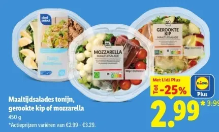 Aanbieding: Maaltijdsalades tonijn, gerookte kip of mozzarella