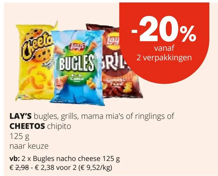 Aanbieding: bugles, grills, mama mia's of ringlings of Cheetos chipito