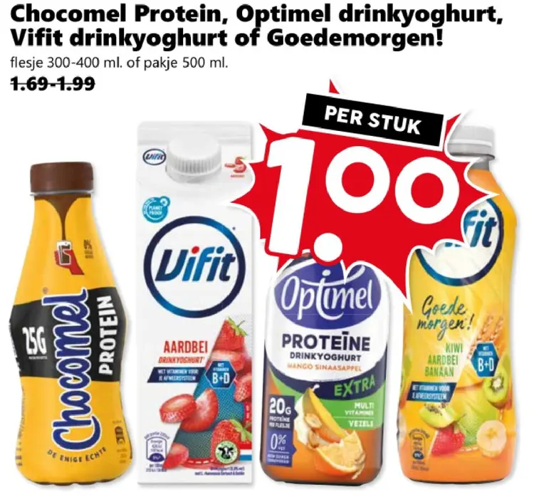 Aanbieding: Chocomel Protein, Optimel drinkyoghurt, Vifit of Goedemorgen!