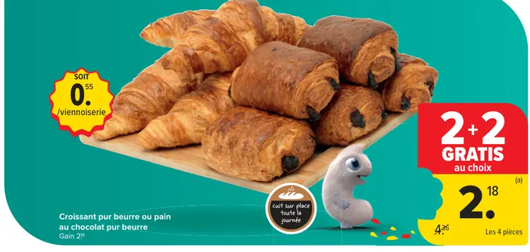 Offre: Croissant pur beurre ou pain au chocolat pur beure