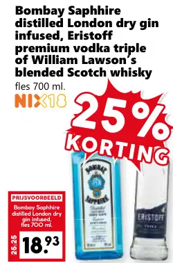 Aanbieding: Bombay Saphhire distilled London dry gin infused, Eristoff premium vodka triple of William Lawson's blended Scotch whisky