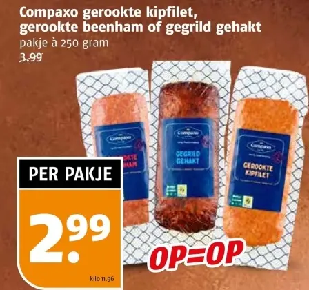 Aanbieding: Compaxo gerookte kipfilet, gerookte beenham of gegrild gehakt
