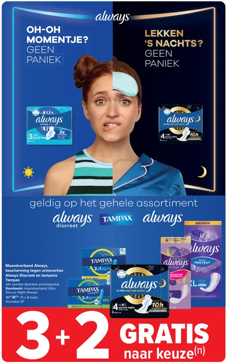 Promotie: Maandverband, bescherming tegen urineverlies Always Discreet en tampons Tampax