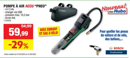 Offre: Bosch Pneo pompe sans fil 4V Li Ion + chargeur