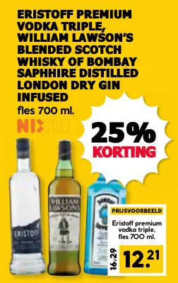 Aanbieding: Eristoff Premium Vodka Triple, William Lawson's Blended Scotch Whisky of Bombay Sapphire Distilled London Dry Gin Infused