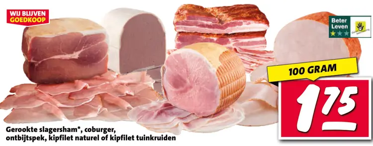 Aanbieding: Gerookte slagersham*, coburger, ontbijtspek, kipfilet naturel of kipfilet tuinkruiden