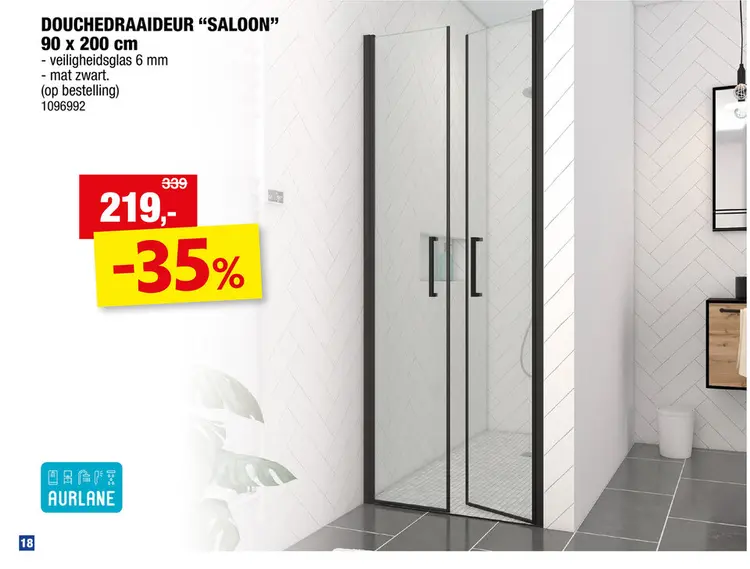 Promotie: Aurlane Saloon douchedraaideur 90x200 cm mat zwart