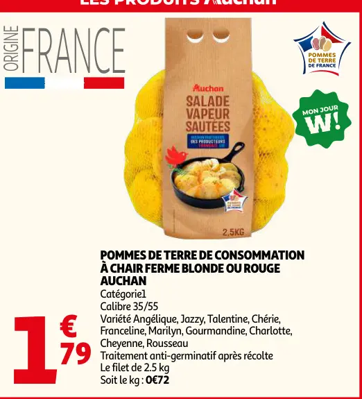 Offre: Pommes de terre de consommation à chair ferme blonde ou rouge auchan