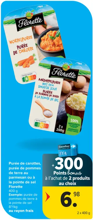 Offre: Purée de carottes, purée de pommes de terre au parmesan ou à la pointe de sel