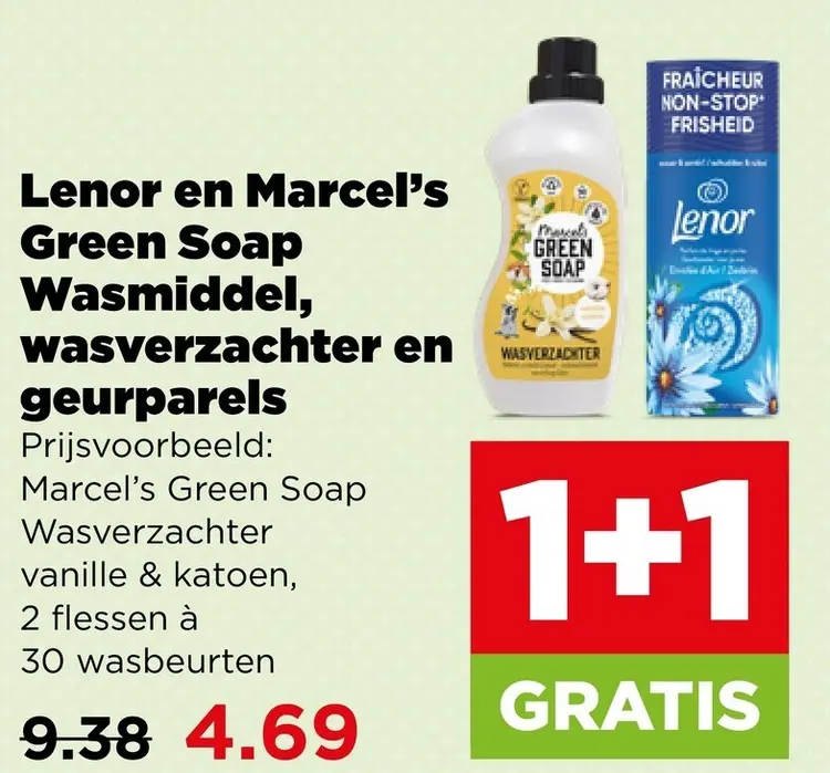 Aanbieding: Lenor en Marcel's Green Soap Wasmiddel, wasverzachter en geurparels
