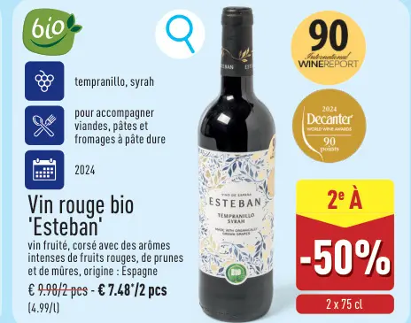 Offre: Vin rouge bio 'Esteban'