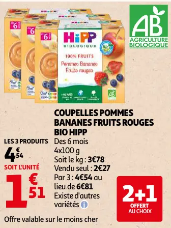 Promotie: Coupelles pommes bananes fruits rouges bio hipp