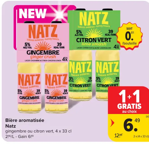 Offre: Natz Bière aromatisée gingembre ou citron vert