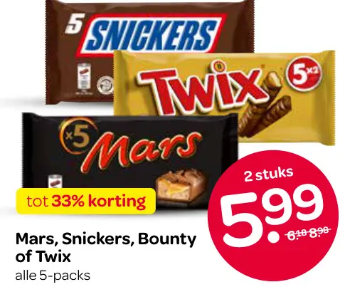 Aanbieding: Mars, Snickers, Bounty of Twix