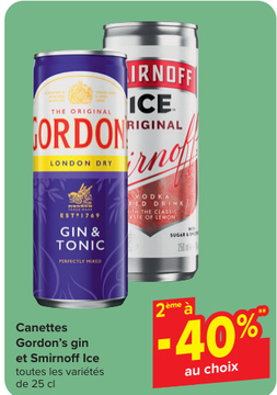 Offre: Canettes Gordon's gin et Smirnoff ice