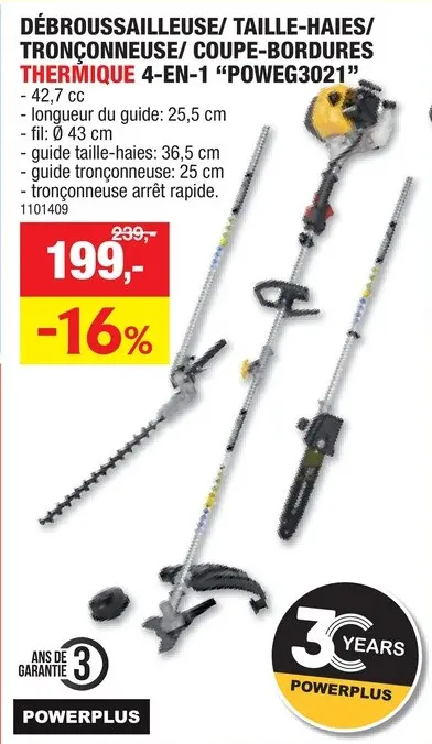 Offre: Powerplus POWEG3021 multi-outil de jardin thermique 4-en-1 42,7cc