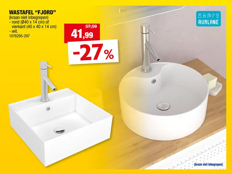 Promotie: Aurlane Wastafel Fjord opbouw 40x40x14 wit