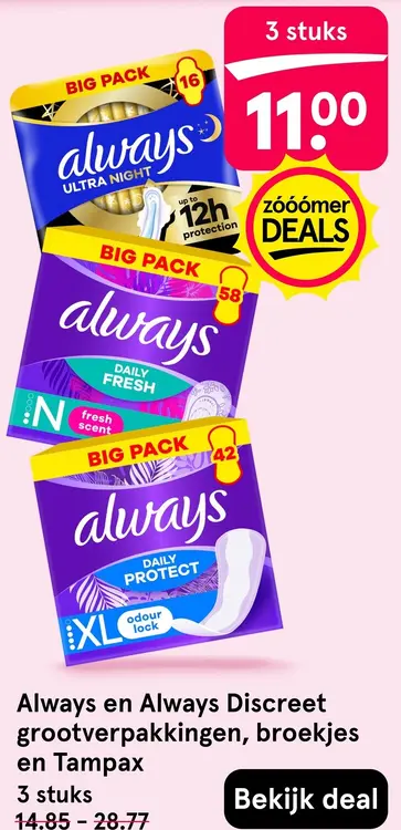 Aanbieding: Always en Always Discreet grootverpakkingen, broekjes en Tampax