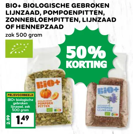Aanbieding: Biologische gebroken lijnzaad, pompoenpitten, zonnebloempitten, lijnzaad of hennepzaad