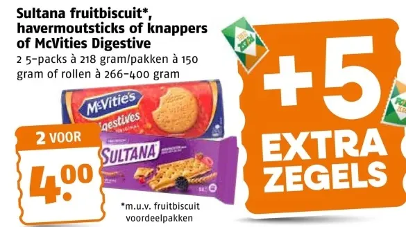 Aanbieding: Sultana fruitbiscuit, havermoutsticks of knappers of McVitites Digestive