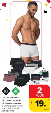 Offre: Lot de 3 boxers bio coton stretch bicolores homme