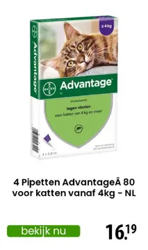 Aanbieding: 4 Pipetten AdvantageÂ 80 voor katten vanaf 4k