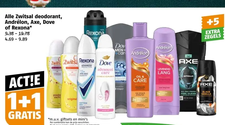 Aanbieding: Zwitsal deodorant, Andrélon, Axe, Dove of Rexona