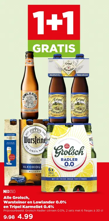 Aanbieding: Grolsch, Warsteiner en Lowlander 0.0% en Tripel Karmeliet 0,4%