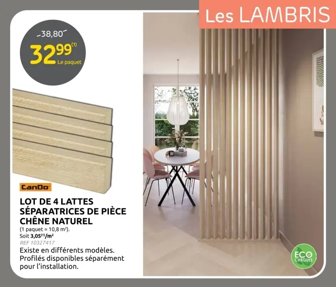 Offre: Lot de 4 lattes séparatrices de pièce chêne n