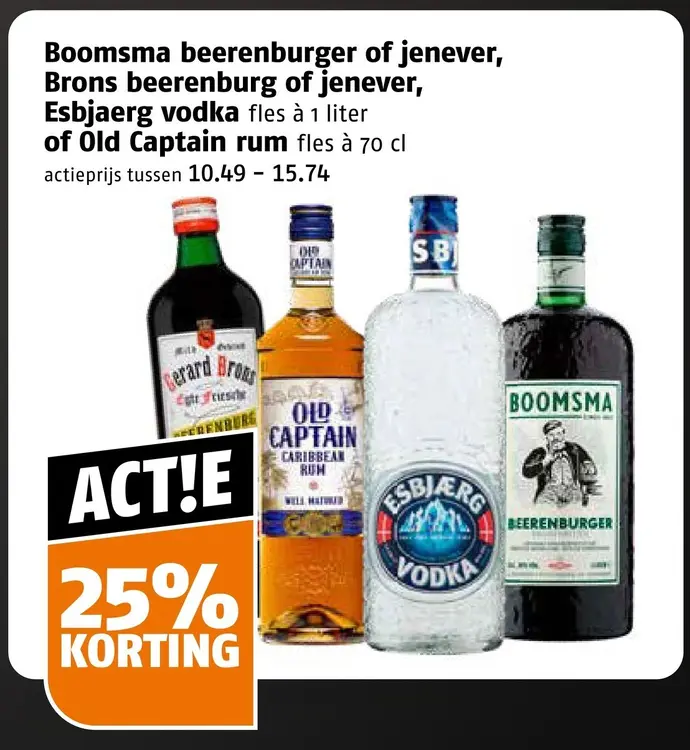 Aanbieding: Boomsma beerenburger of jenever, Brons beerenburg of jenever, Esbjaerg vodka of Old Captain rum