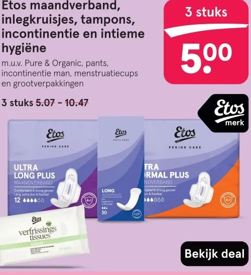 Aanbieding: Etos maandverband, inlegkruisjes, tampons, in