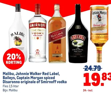 Aanbieding: Malibu, Johnnie Walker Red Label, Baileys, Ca