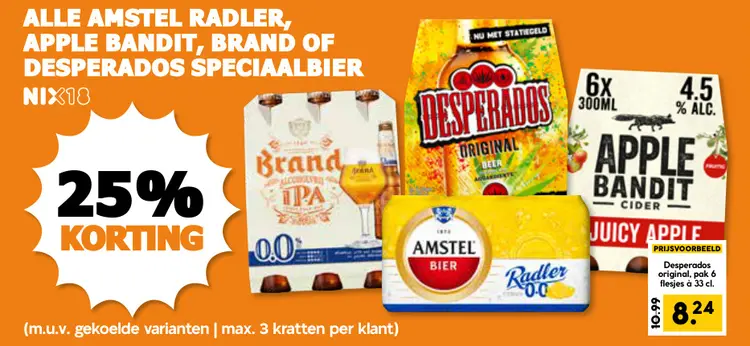 Aanbieding: Amstel Radler, Apple Bandit, Brand or Desperados speciaalbier
