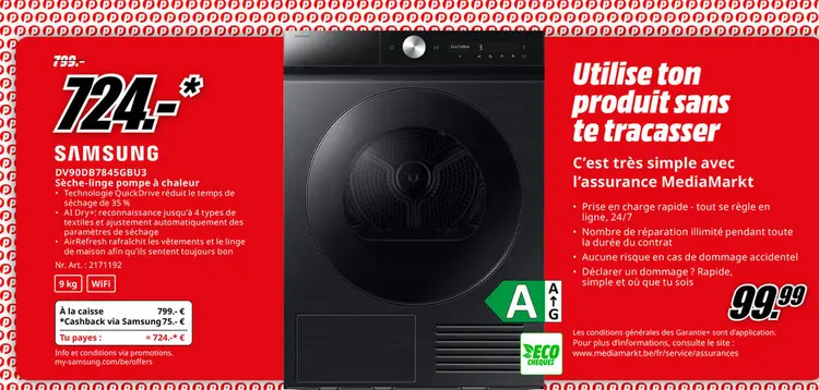 Offre: SAMSUNG DV90DB7845GBU3 Sèche-linge pompe à chaleur