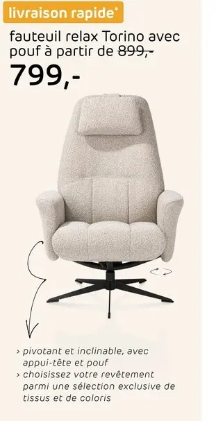 Offre: Torino, fauteuil relax avec pouf - tissu Cloudy - beige