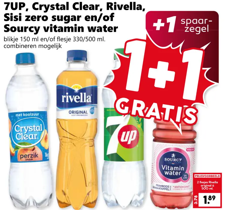 Aanbieding: 7UP, Crystal Clear, Rivella, Sisi zero sugar en/of Sourcy vitamin water
