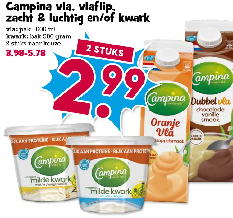 Aanbieding: Campina vla, vlaflip, zacht & luchtig en/of kwark