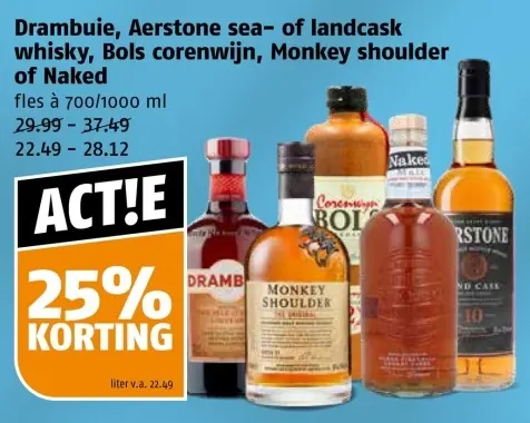 Aanbieding: Drambuie, Aerstone sea- of landcask whisky, Bols corenwijn, Monkey shoulder of Naked