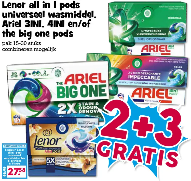 Aanbieding: Lenor all in I pods universeel wasmiddel, Ariel 3in1, 4in1 en/of the big one pods
