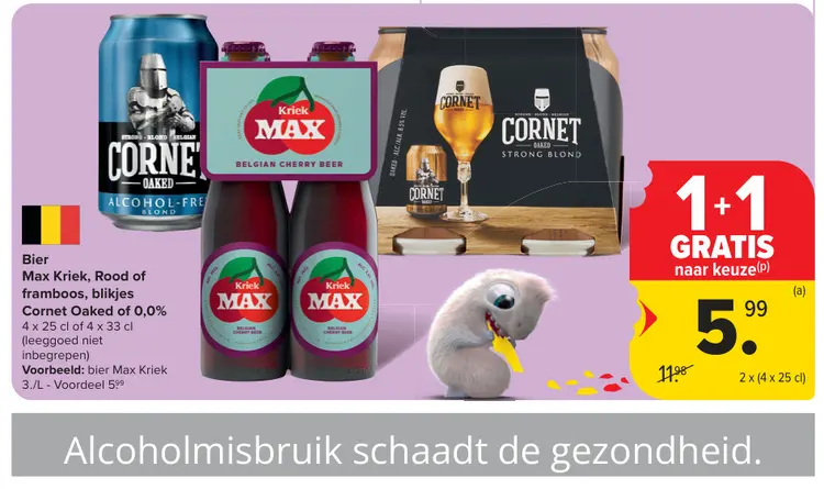 Promotie: Bier Max Kriek, Rood of framboos, blikjes Cornet Oaked of 0,0%